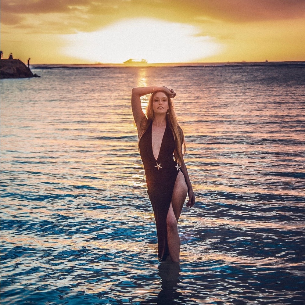 Black Deep-V Star Accent one piece bikini and skirt coverup